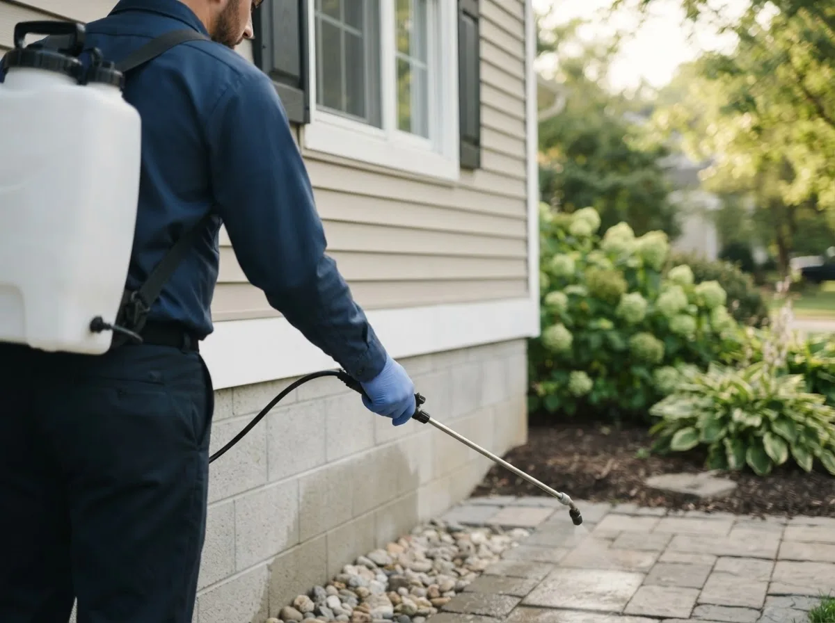 Pest control technician inspecting a home in Koeltztown, MO